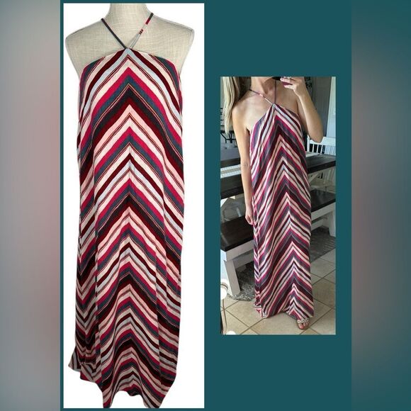 LOFT Multi Color Chevron Striped Linen Blend Halter Style Maxi Dress - Picture 1 of 7